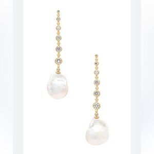 SHASHI Gold and Cream Linear Drop Earrings with Pearls Diamond Baroque Revolve